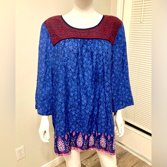Lucky Brand Women's Boho Top Blue Embroidered Rayon SZ - 2Х - Picture 1 of 8